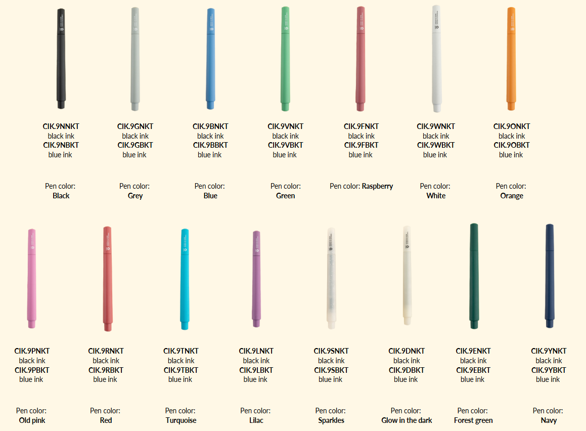 Color swatches of pens with corresponding ink colors on a beige background