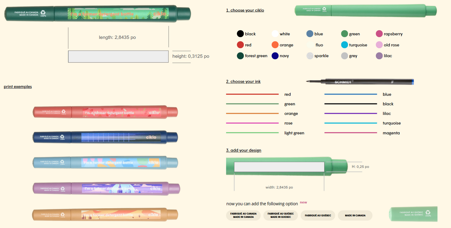 Pen customization interface with color, ink, and design options displayed.