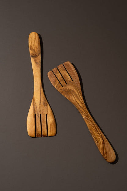 Natural Olive Wood Serving Spatula Forks - Set of 2