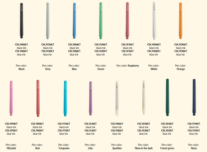 Color swatches of pens with corresponding ink colors on a beige background