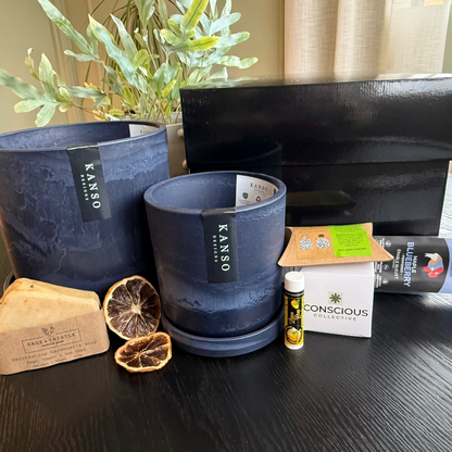 Two blue planters with KANSO branding on a dark surface with various items around.