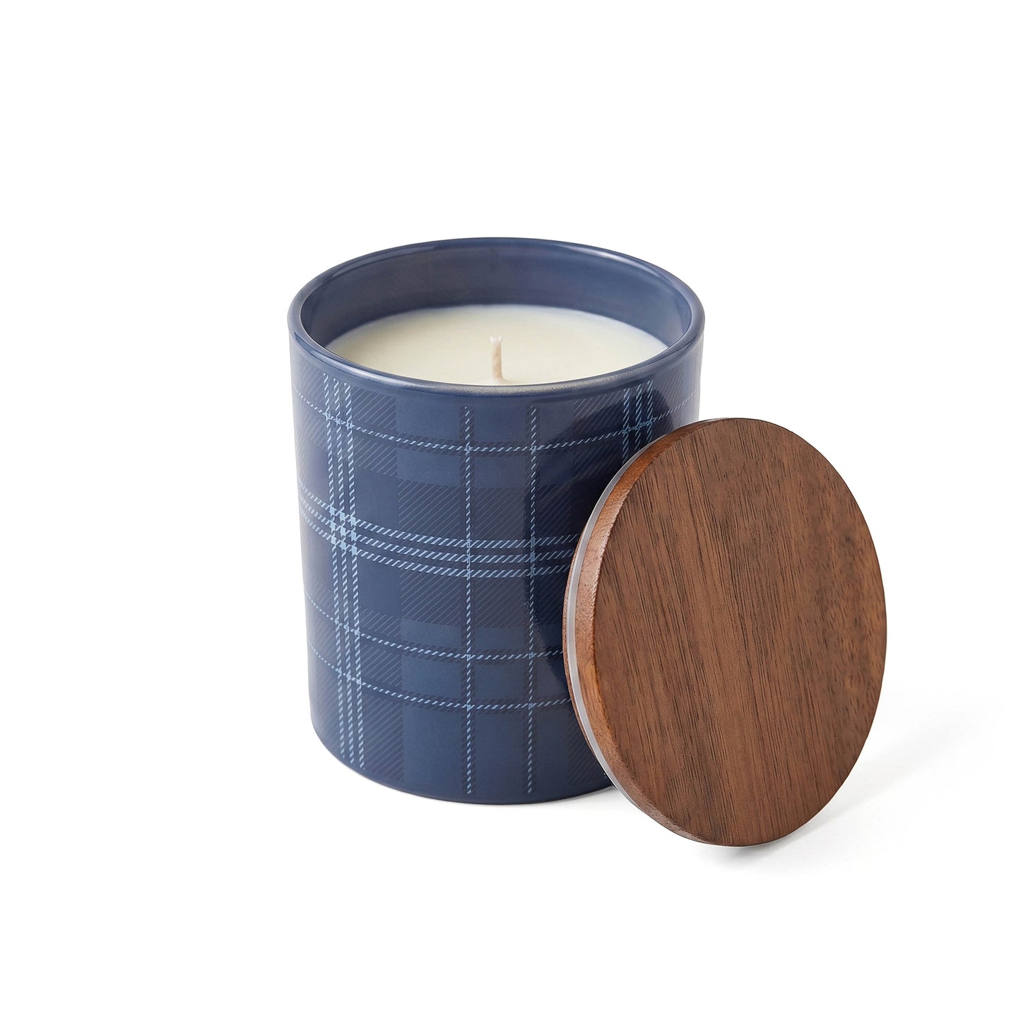 10 oz PATTERNED HOLIDAY GLASS CANDLE WITH ACACIA WOOD LID