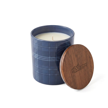 10 oz PATTERNED HOLIDAY GLASS CANDLE WITH ACACIA WOOD LID