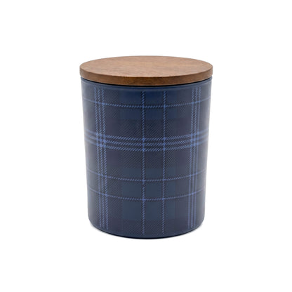 10 oz PATTERNED HOLIDAY GLASS CANDLE WITH ACACIA WOOD LID