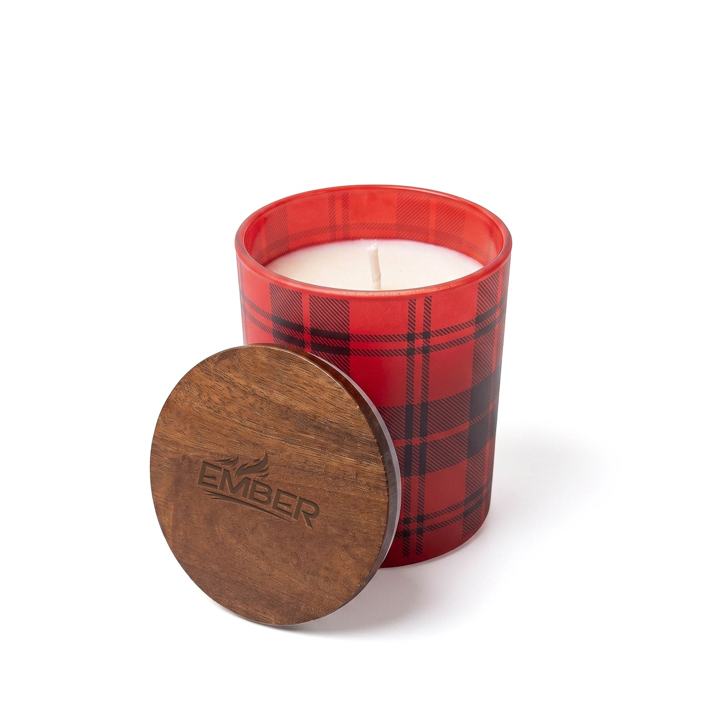 10 oz PATTERNED HOLIDAY GLASS CANDLE WITH ACACIA WOOD LID