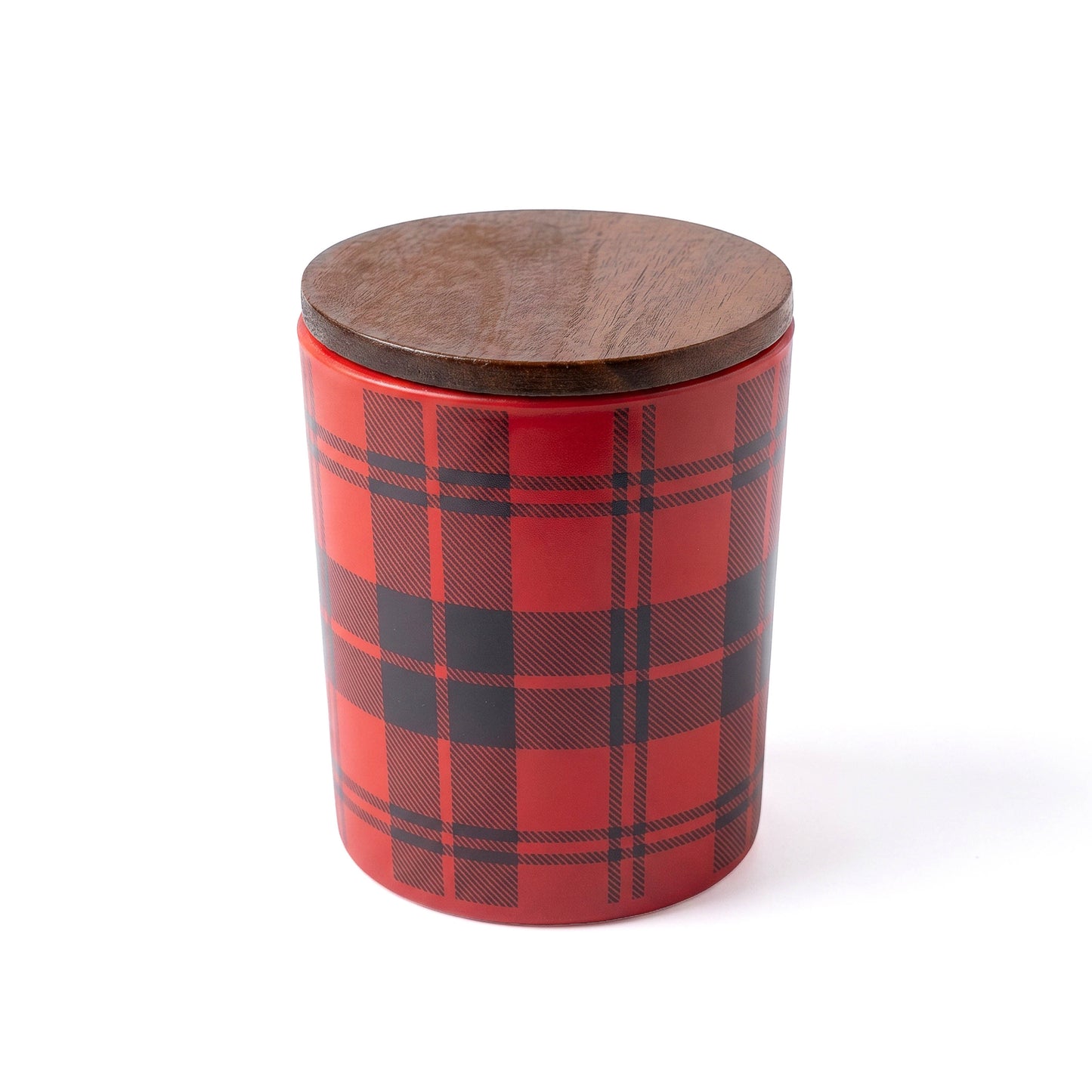 10 oz PATTERNED HOLIDAY GLASS CANDLE WITH ACACIA WOOD LID