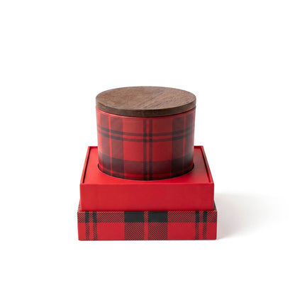 10 oz PATTERNED HOLIDAY GLASS CANDLE WITH ACACIA WOOD LID