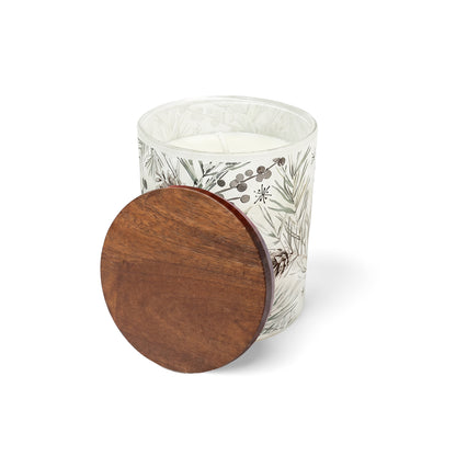 10 oz PATTERNED HOLIDAY GLASS CANDLE WITH ACACIA WOOD LID