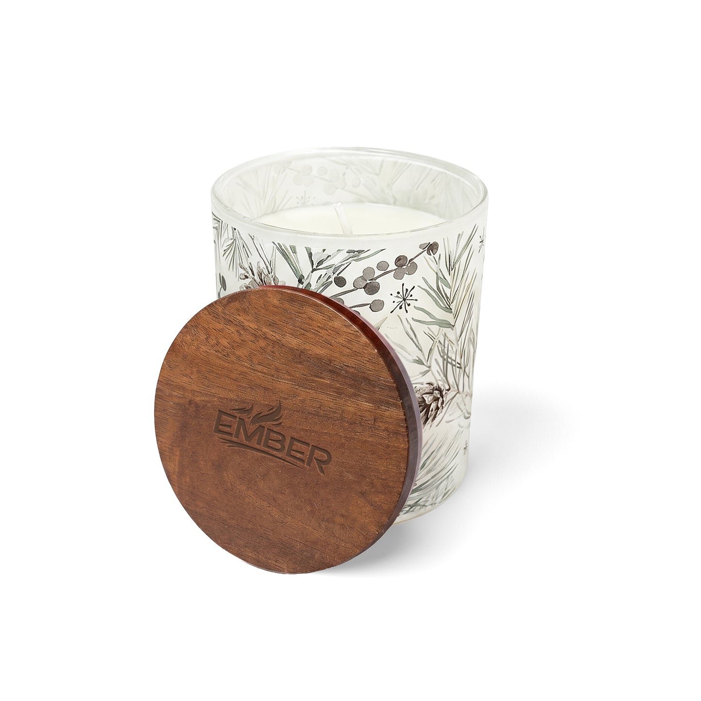 10 oz PATTERNED HOLIDAY GLASS CANDLE WITH ACACIA WOOD LID