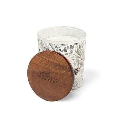 10 oz PATTERNED HOLIDAY GLASS CANDLE WITH ACACIA WOOD LID