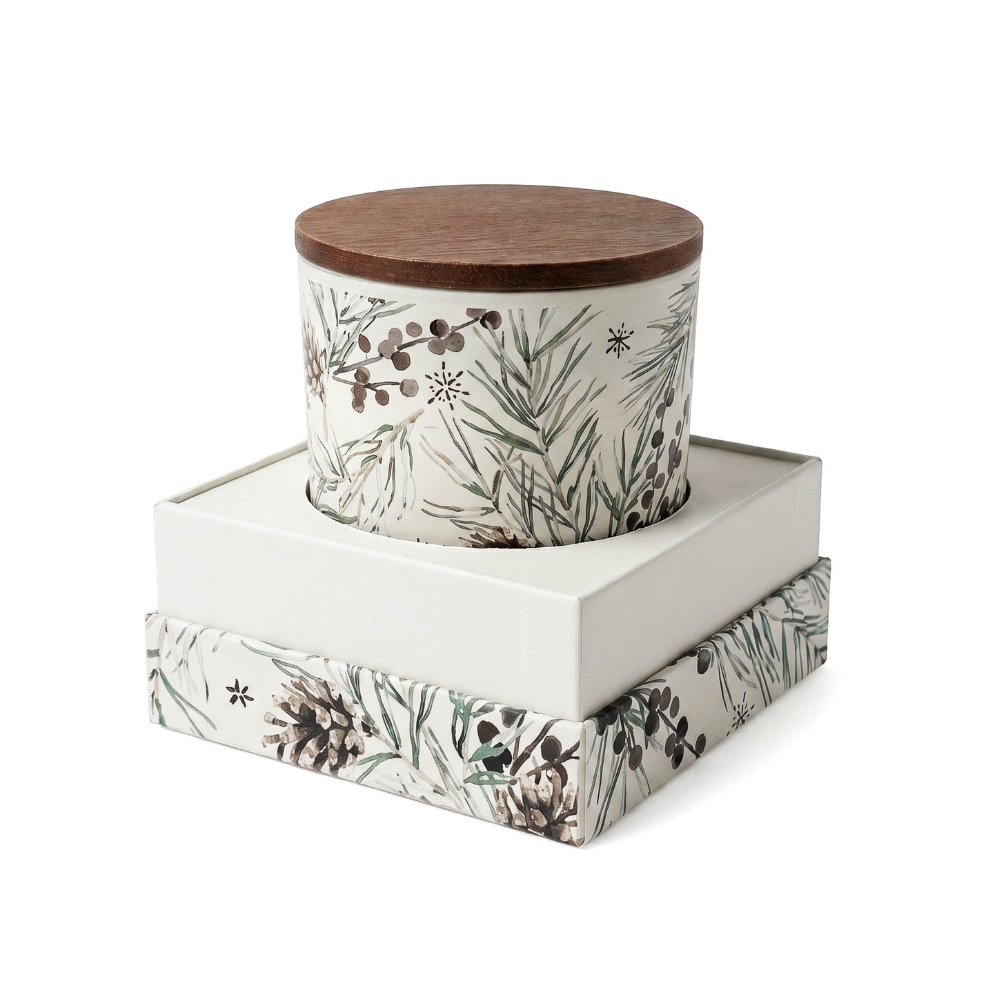 10 oz PATTERNED HOLIDAY GLASS CANDLE WITH ACACIA WOOD LID