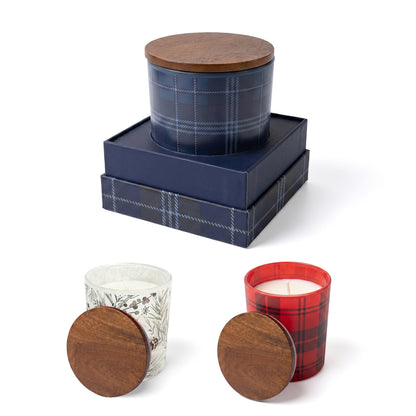 10 oz PATTERNED HOLIDAY GLASS CANDLE WITH ACACIA WOOD LID