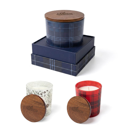 10 oz PATTERNED HOLIDAY GLASS CANDLE WITH ACACIA WOOD LID