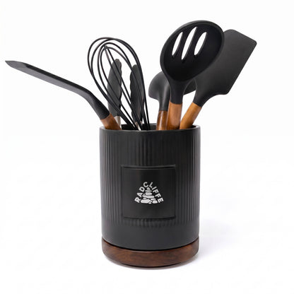 STONEWARE UTENSIL HOLDER AND SPATULA SET