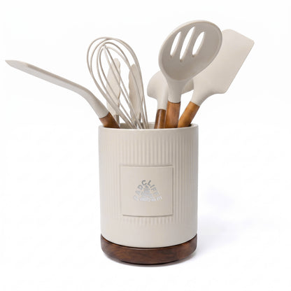 STONEWARE UTENSIL HOLDER AND SPATULA SET