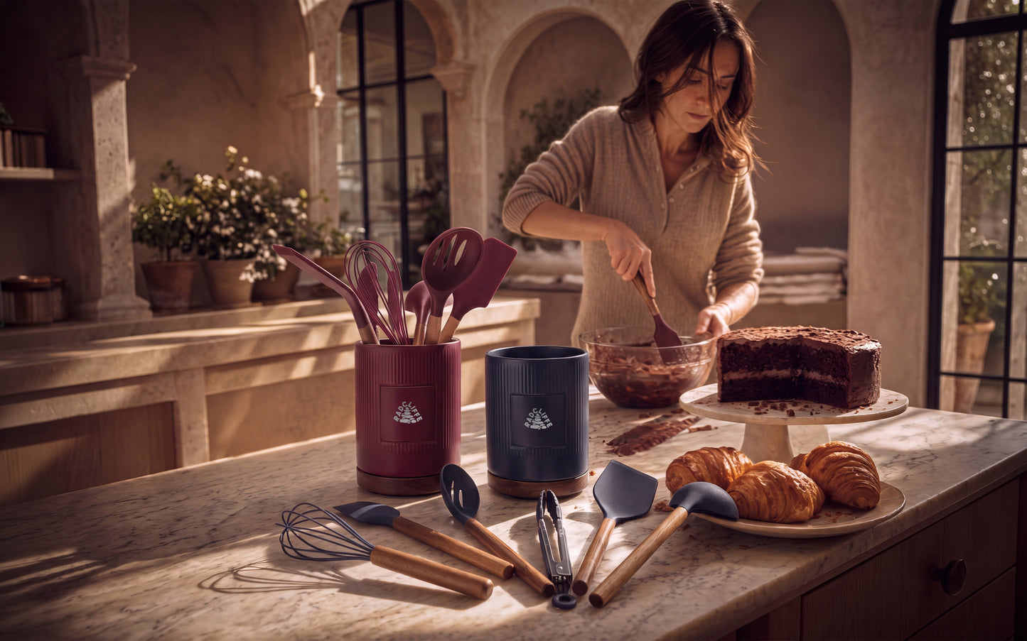 STONEWARE UTENSIL HOLDER AND SPATULA SET