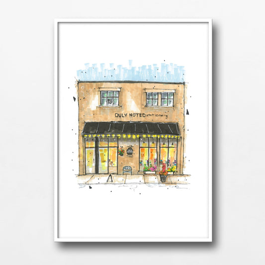 DTS0039 - Duly Noted Stationary, Halifax, Storefront Print, White and Brown, Architectural Sketch, Corner Shop, Art print, Downtown Sketcher, Wynand van Niekerk 