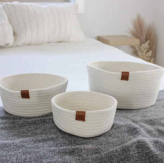 White Woven Cotton Rope Round Basket with Leather Accent