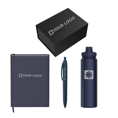 Set of branded stationery items including a notebook, pen, and water bottle with a visible logo on a white background.