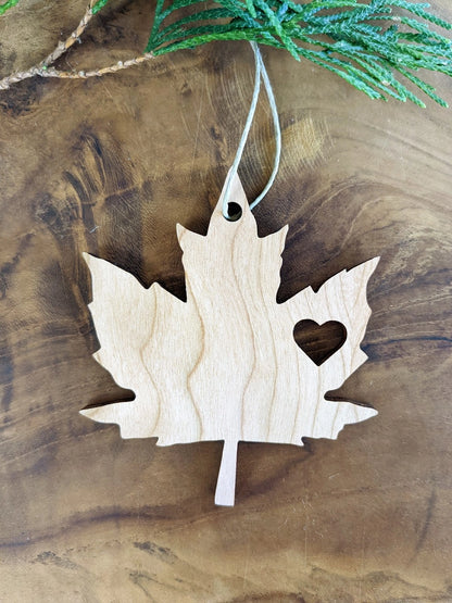 Maple Leaf Heart Canada Wood Ornament - Made in Canada